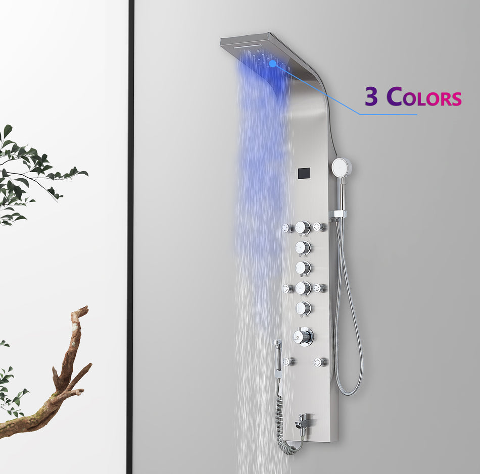 3 LED color Brushed nickel 59'' Rain & Waterfall Tower Massage System each function work at the same time and separately
