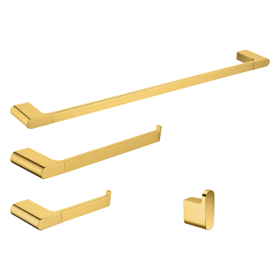 4-Piece Brass Polished Gold Bathroom Hardware Set Towel Bar Towel Ring Toilet Paper Holder Robe Hook Tower Holder,Wall Mounted