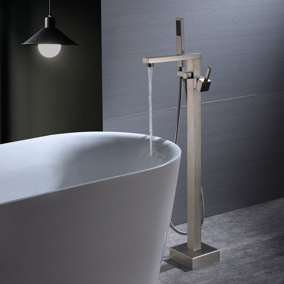 Brushed Nickel Waterfall Floor Mount Freestanding Bathtub Faucet Tub Filler with Handheld Sprayer