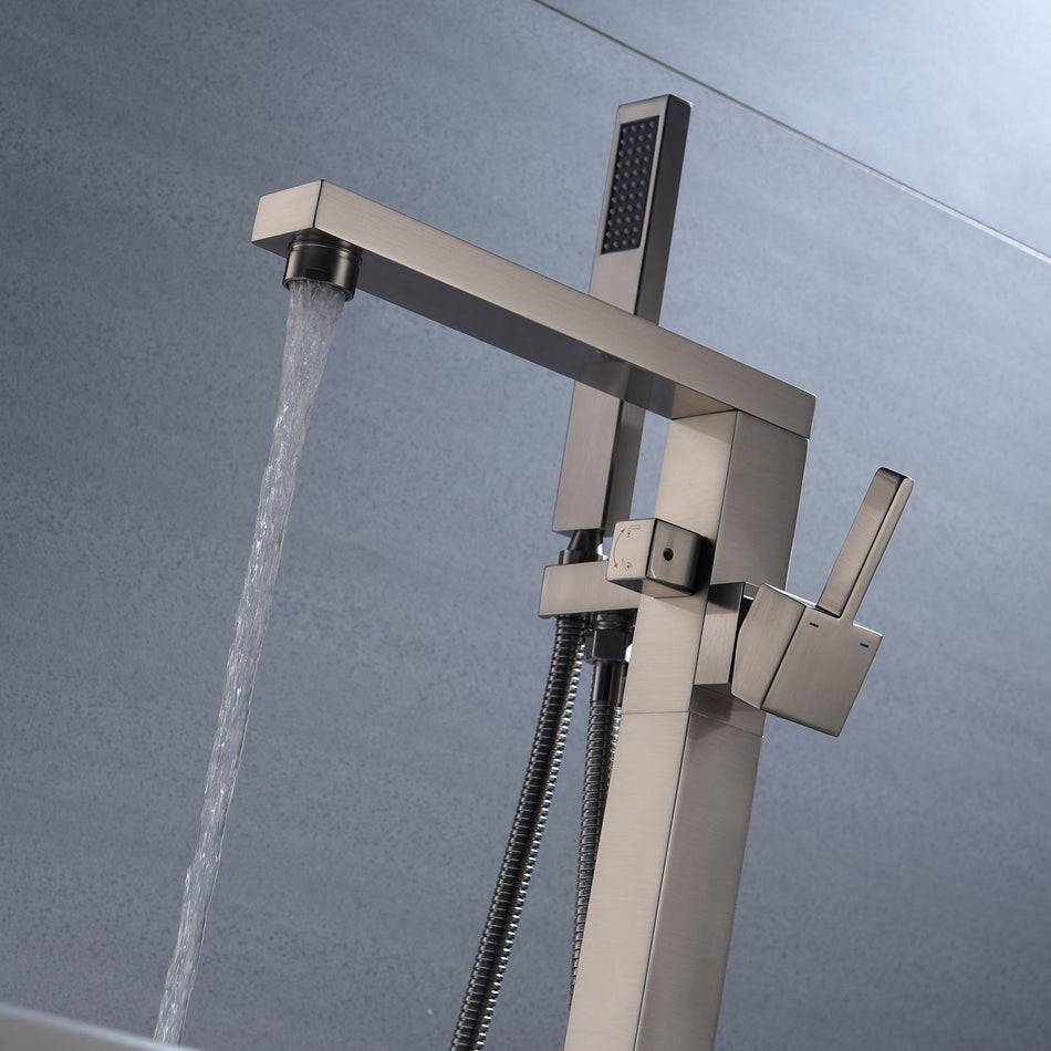 Brushed Nickel Waterfall Floor Mount Freestanding Bathtub Faucet Tub Filler with Handheld Sprayer