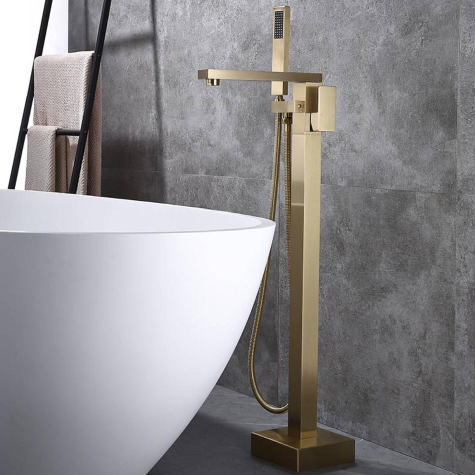 Brushed Gold Single Handle Freestanding Tub Filler Faucet with Hand Shower