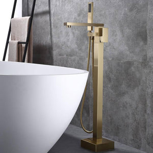 
                  
                    Brushed Gold Single Handle Freestanding Tub Filler Faucet with Hand Shower
                  
                