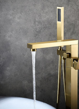 Brushed Gold Single Handle Freestanding Tub Filler Faucet with Hand Shower