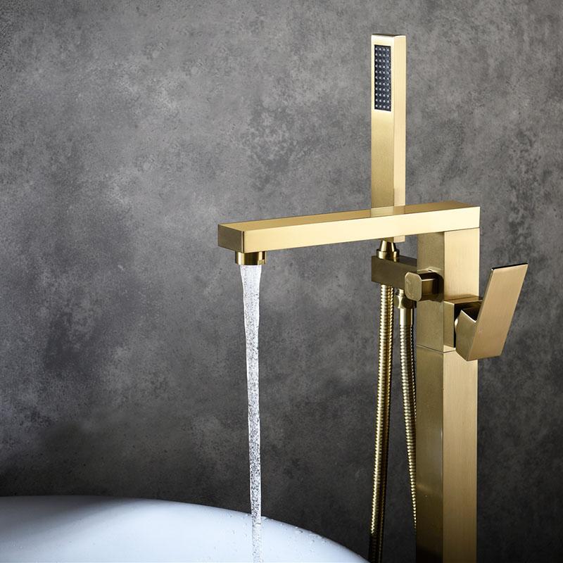 
                  
                    Brushed Gold Single Handle Freestanding Tub Filler Faucet with Hand Shower
                  
                