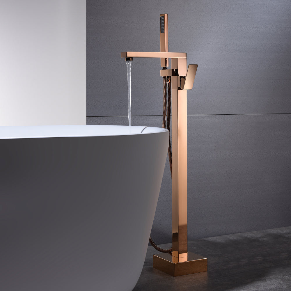 
                  
                    Rose Gold Finish Single Handle Floor Mount Freestanding Tub Filler Faucet with Hand Shower
                  
                