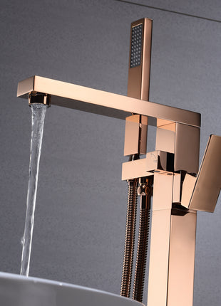Rose Gold Finish Single Handle Floor Mount Freestanding Tub Filler Faucet with Hand Shower