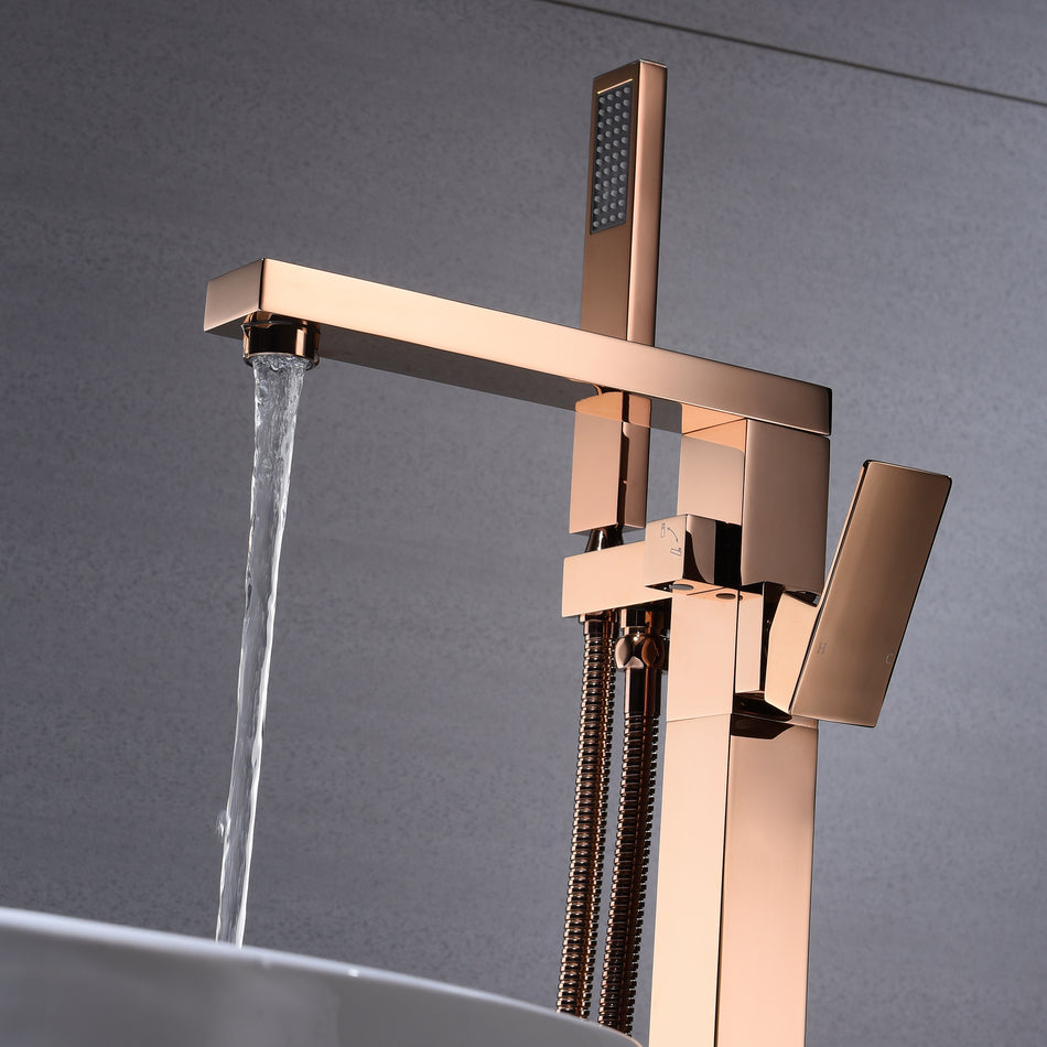 Rose Gold Finish Single Handle Floor Mount Freestanding Tub Filler Faucet with Hand Shower