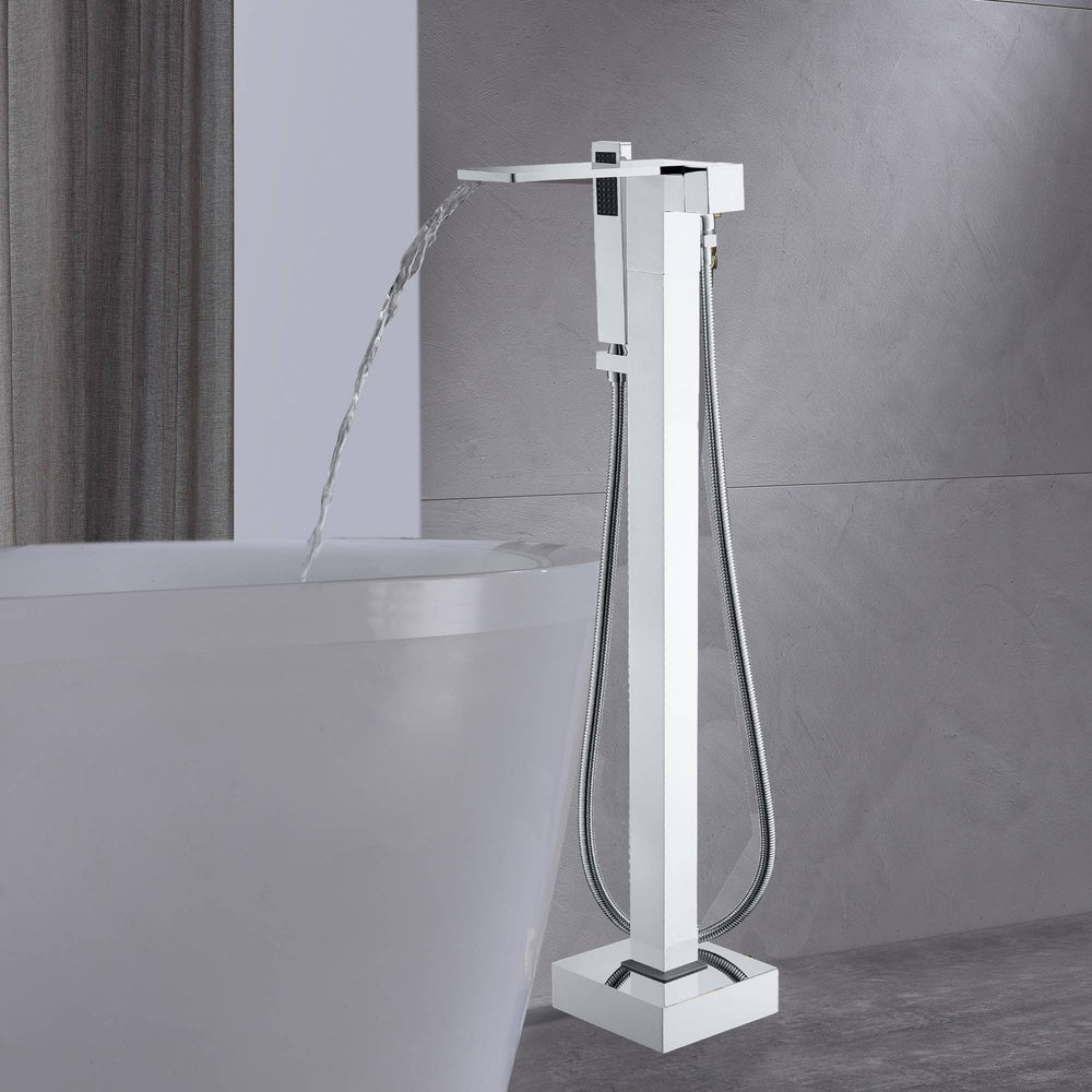 Chrome Waterfall Floor Mount Bathtub Shower Faucet W/ Hand Shower Tub Filler Mixer Free Standing