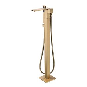 
                  
                    Waterfall Brushed Gold Finish Single Handle Floor Mount Freestanding Tub Filler Faucet with Hand Shower
                  
                