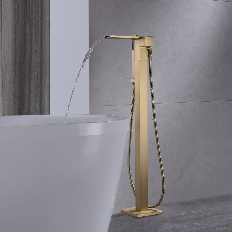 Waterfall Brushed Gold Finish Single Handle Floor Mount Freestanding Tub Filler Faucet with Hand Shower