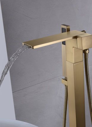 Waterfall Brushed Gold Finish Single Handle Floor Mount Freestanding Tub Filler Faucet with Hand Shower