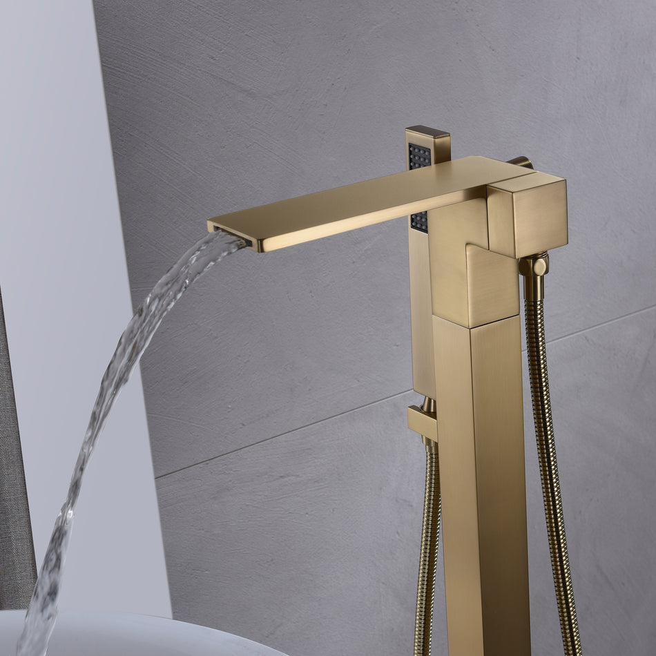 Waterfall Brushed Gold Finish Single Handle Floor Mount Freestanding Tub Filler Faucet with Hand Shower