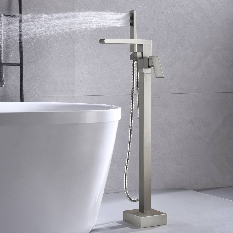 Waterfall Brushed Nickel Waterfall Pressure Balance Floor Mount Freestanding Bathtub Faucet Tub Filler with Handheld Sprayer