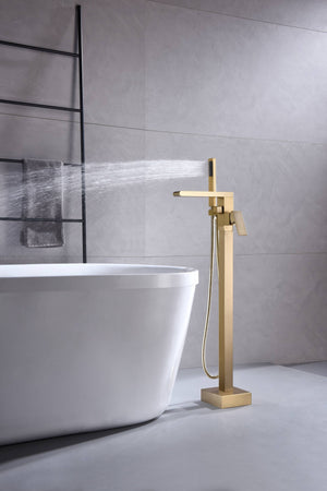 
                  
                    Waterfall Brushed Gold Finish Pressure Balance Single Handle Floor Mount Freestanding Tub Filler Faucet with Hand Shower
                  
                