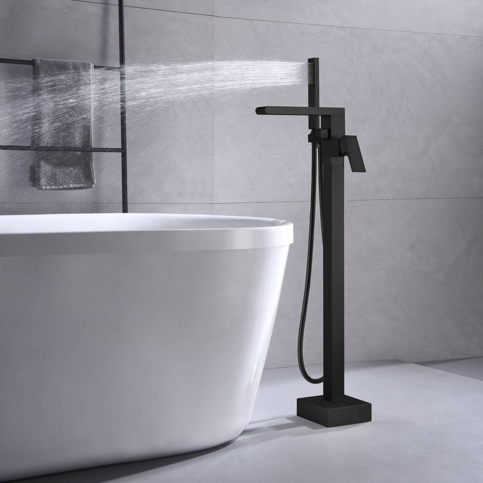 Waterfall Matte Black Freestanding pressure Balance Single Handle Bathtub Faucet with Handheld Sprayer