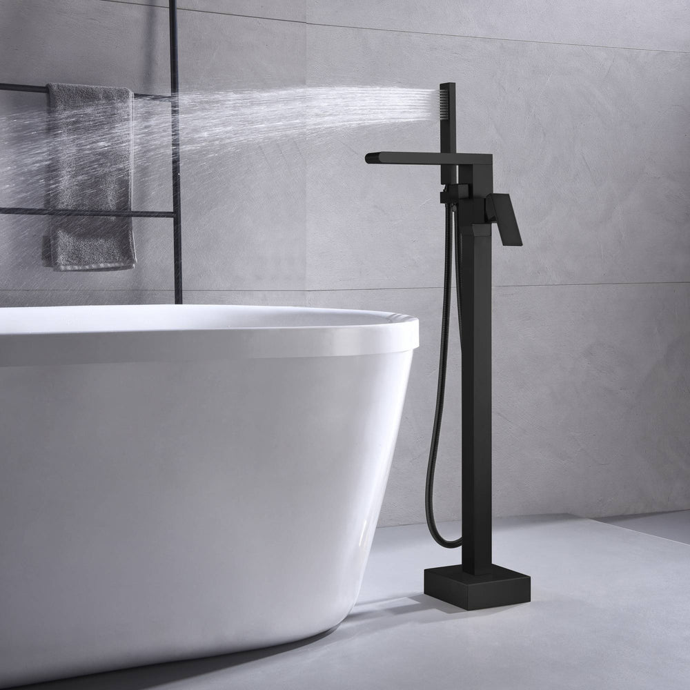 
                  
                    Waterfall Matte Black Freestanding pressure Balance Single Handle Bathtub Faucet with Handheld Sprayer
                  
                