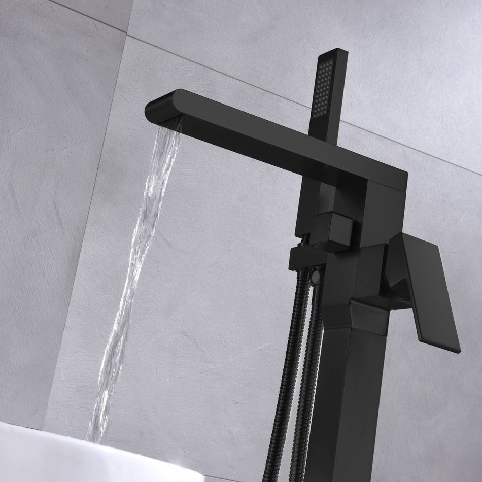 Waterfall Matte Black Freestanding pressure Balance Single Handle Bathtub Faucet with Handheld Sprayer