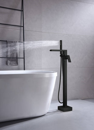 Waterfall Matte Black Freestanding pressure Balance Single Handle Bathtub Faucet with Handheld Sprayer