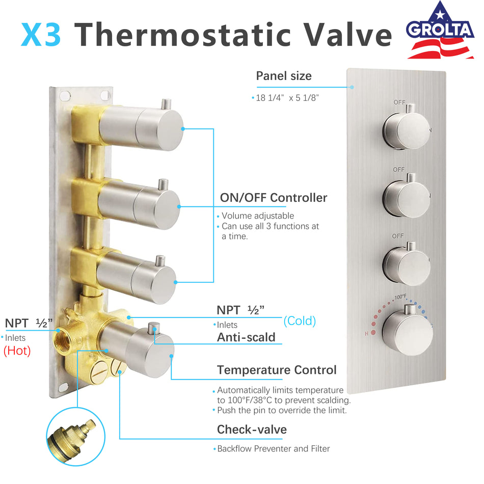 Brushed Nickel X3 Thermostatic Tub Faucet Set Shower System with Ceiling 12" Rain Shower Head, Handheld and Tub Spout