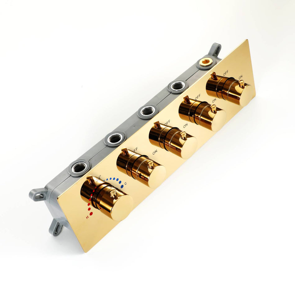 Polished Gold Wall Mount 22 inch Rainfall Waterfall Shower Head 4 Way Thermostatic Shower Faucet Set with Body Jets Each Function Work All Together and Separately
