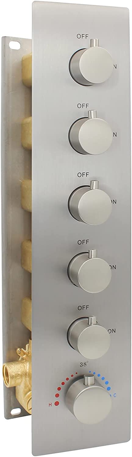 5 way thermostatic chrome or brushed nickle Or brushed gold rough in valve with trim