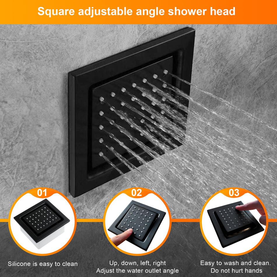 20 inch rainfall mist LED matte black rainfall shower system 4 way digital thermostatic rough in valve with body jets and sliding bar