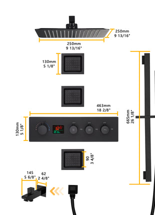 wall mount 12 inch or 16 inch matt black 3 way digital thermostatic shower faucet with sliding bar and 4inch body jets
