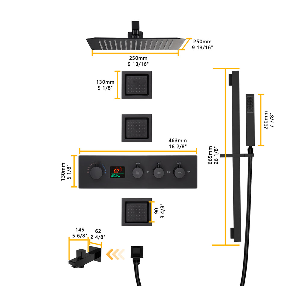 wall mount 12 inch or 16 inch matt black 3 way digital thermostatic shower faucet with sliding bar and 4inch body jets