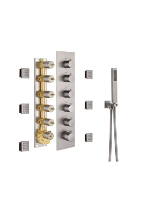 20 Inch Brushed nickel ceiling mount rainfall Mist shower systems 5 way thermostatic valve with 6 body jets and wall mount 6 inch regualr shower head