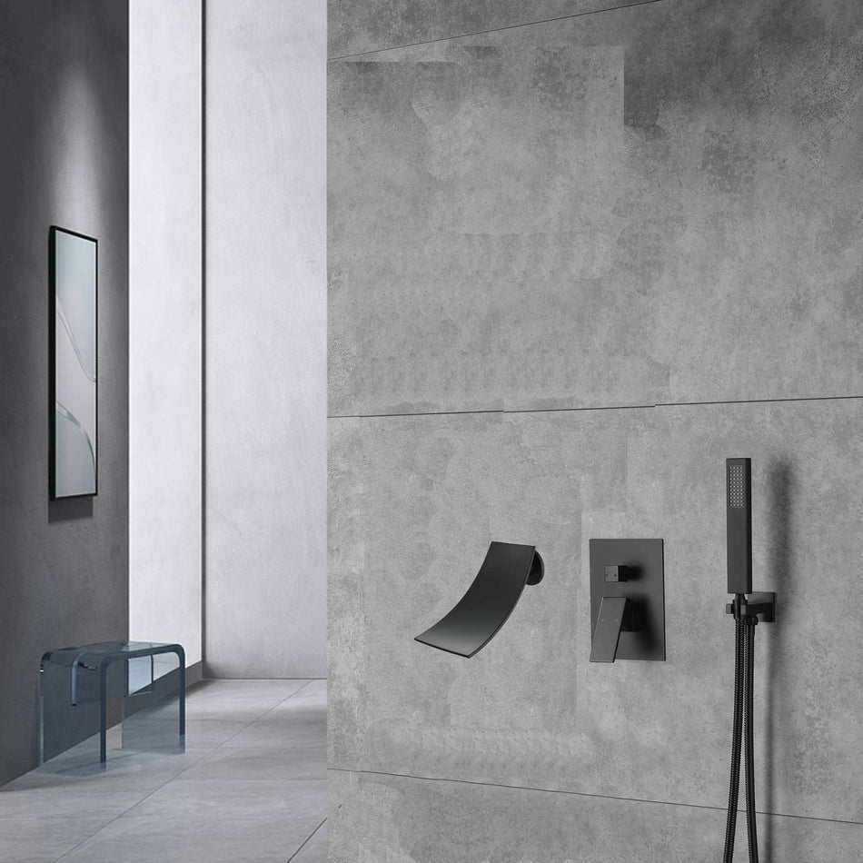 Waterfall Wall-mount Pressure balance Bath Tub Faucet with Handheld Shower Matte black