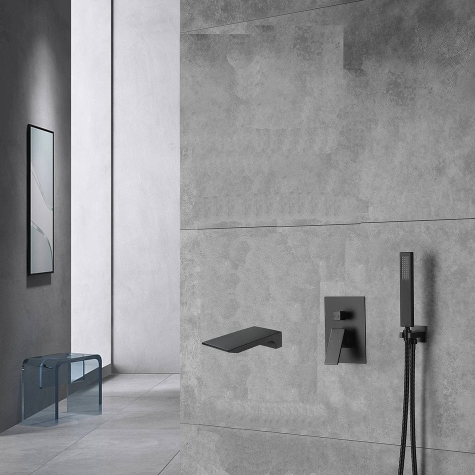 Waterfall Wall-mount Pressure balance Bath Tub Faucet with Handheld Shower Matte black