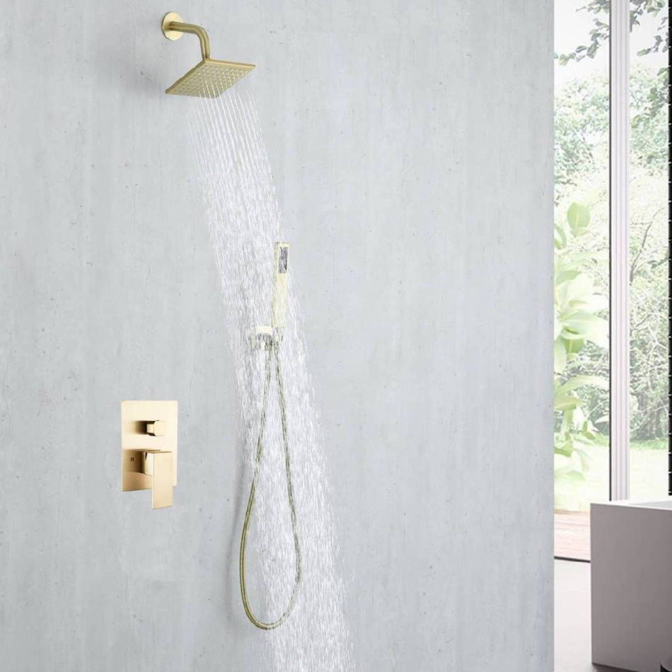 6 Inch Regular shower head wall Mount Brushed Gold two functions Shower System with pressure balance rough in valve and trim