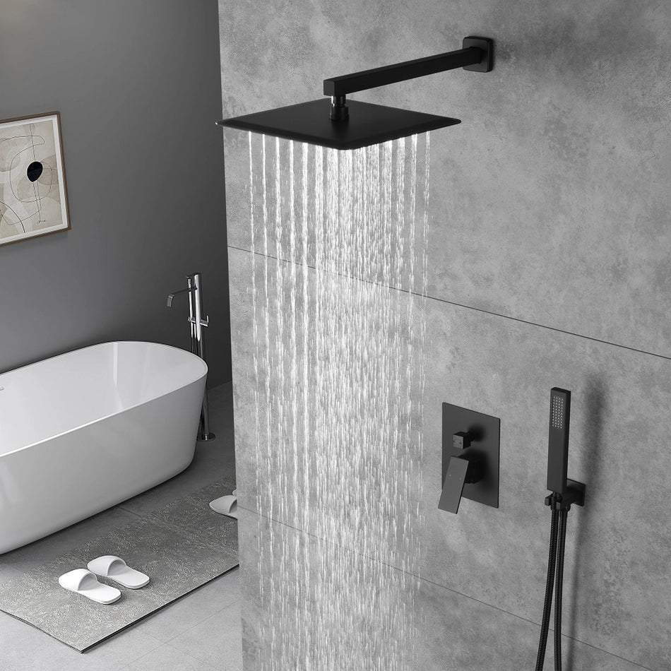 12inch 2 way Wall Mounted Matte Black Shower System with pressure balance Rough-in Valve Body and Trim