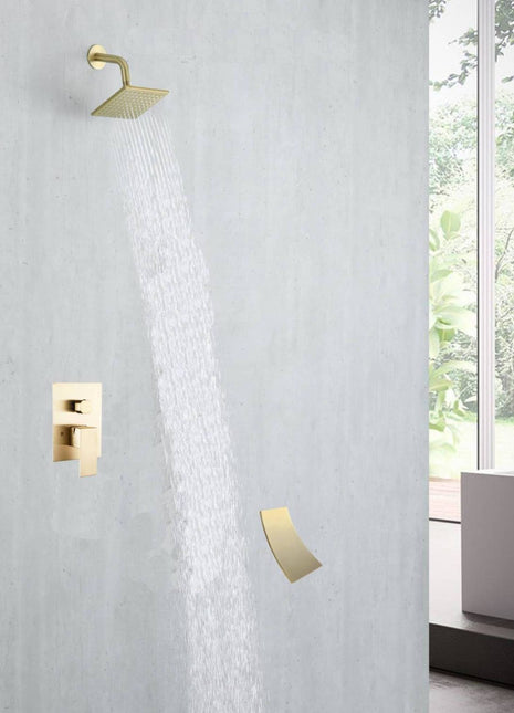 6 Inch Regular shower head wall Mount Brushed Gold two functions Shower System with pressure balance rough in valve and trim and waterfall tub spout