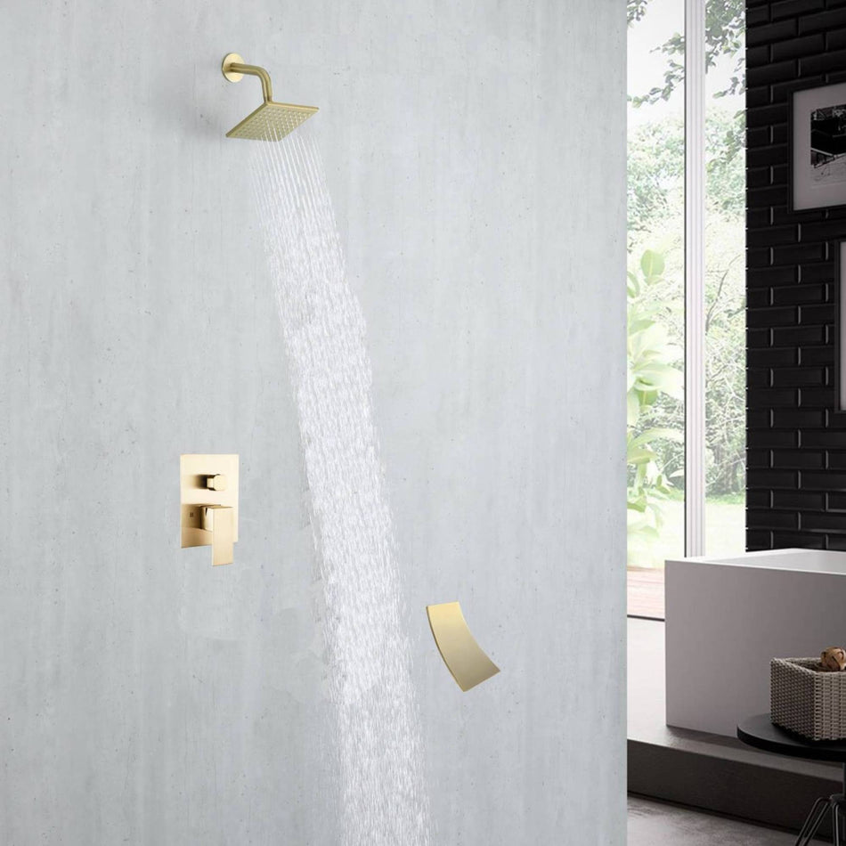 6 Inch Regular shower head wall Mount Brushed Gold two functions Shower System with pressure balance rough in valve and trim and waterfall tub spout