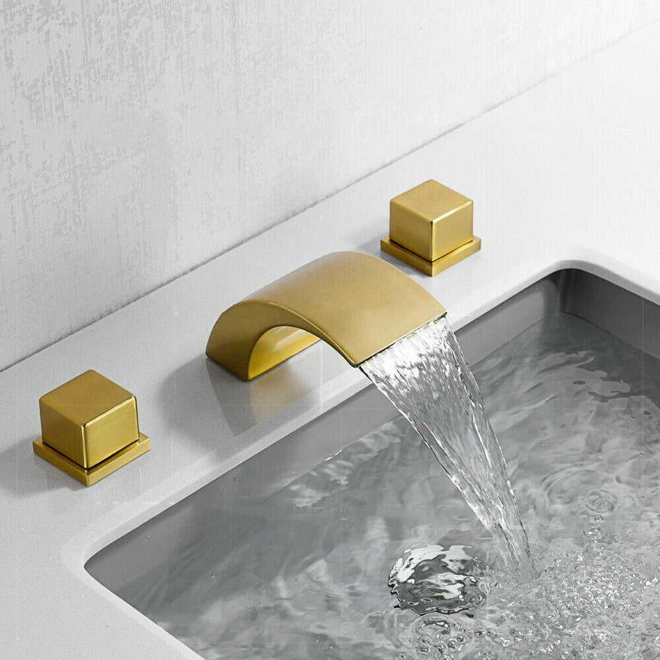 Brushed gold waterfall bathroom sink faucet spreadwide 3 holes 2 handles with pop up drain
