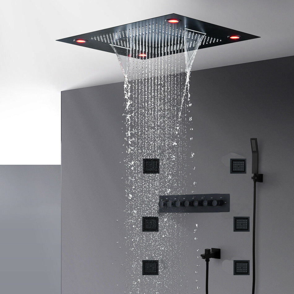 Flush in 31'' LED Matt Black Rainfall Shower Head Faucet 6 Massage Jet Body Sets Thermostatic Mixer Valve