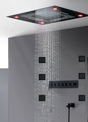 Flush in 31'' LED Matt Black Rainfall Shower Head Faucet 6 Massage Jet Body Sets Thermostatic Mixer Valve