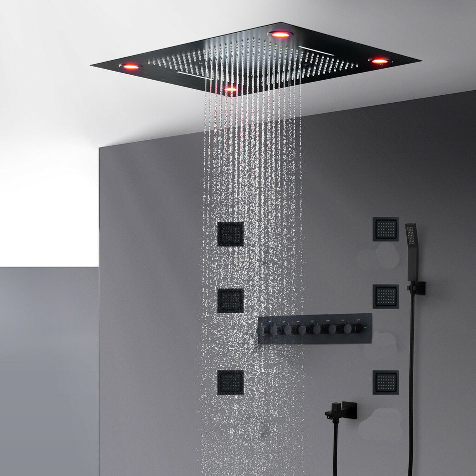 Flush in 31'' LED Matt Black Rainfall Shower Head Faucet 6 Massage Jet Body Sets Thermostatic Mixer Valve