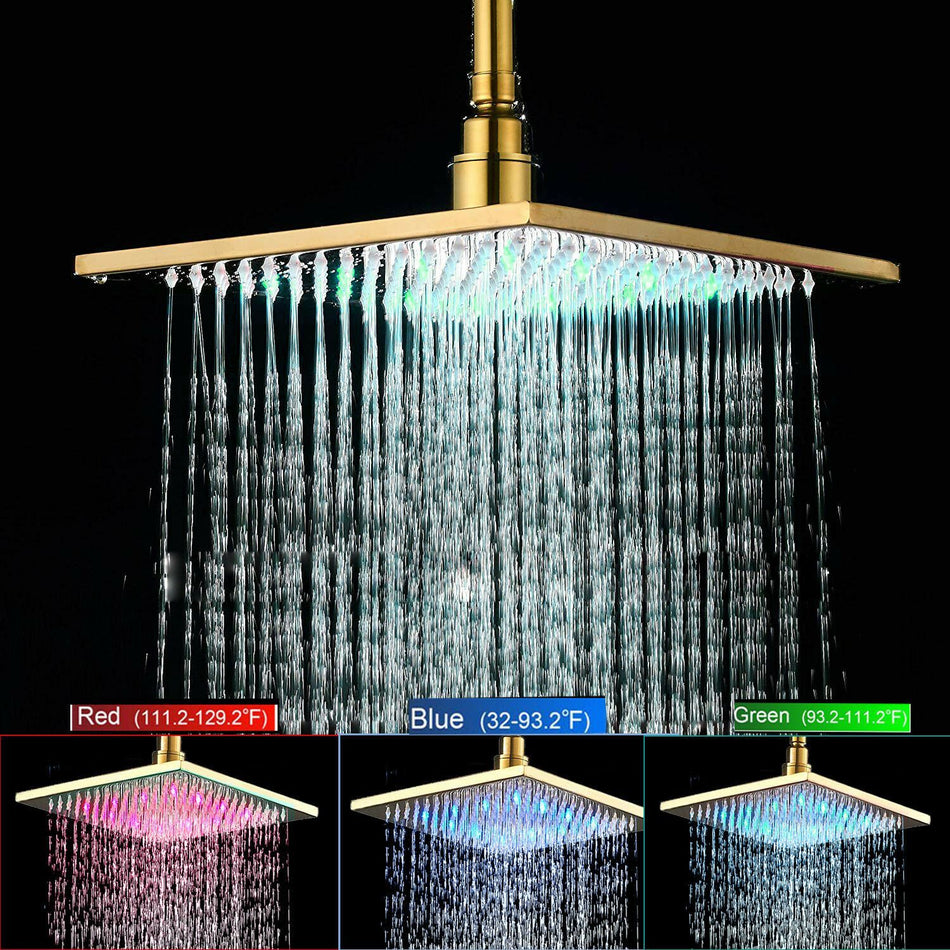 12 inch or 16 inch LED Polished gold Ceiling mount 3 way Thermostatic Shower valve system that each function run all together and separately