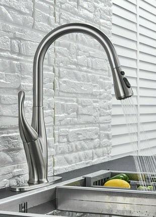 Kitchen Sink Faucet Pull Out Sprayer Brushed Nickel Mixer Tap With Deck Plate