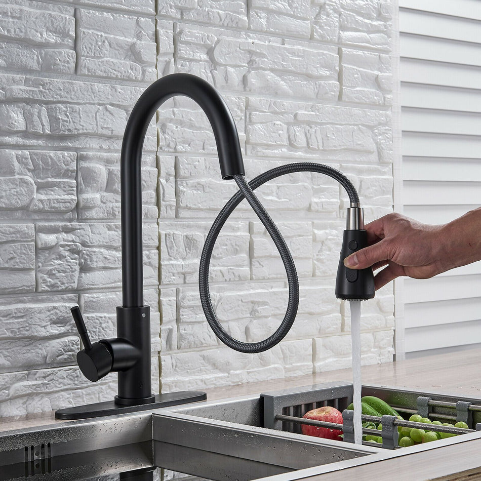 Matte Black Pull Out Spray Kitchen Sink Faucet Commercial Swivel Tap W/Plate