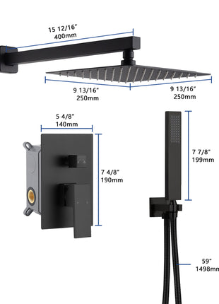 12inch 2 way Wall Mounted Matte Black Shower System with pressure balance Rough-in Valve Body and Trim